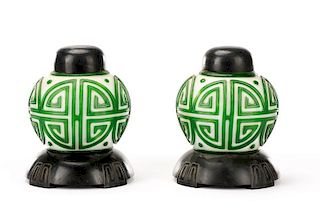 Pair, Chinese Green & White Peking Glass Lamps