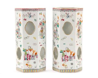 Pair, Chinese Famille Rose Hexagonal Hat Stands