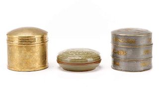 3 Chinese Lidded Boxes: Pewter, Brass, Pottery