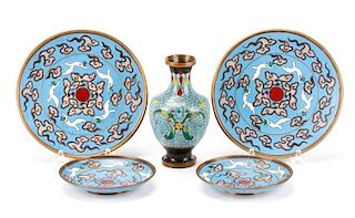 Five Pieces of Blue Asian Cloisonne Enamel