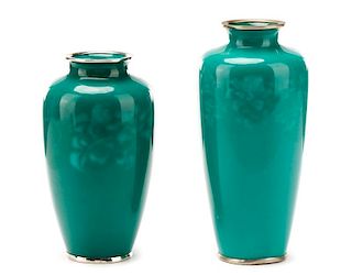 2 Musen Cloisonne Jade Green Vases, Ando Jubei