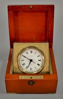 Vintage Tiffany & Co. quartz ship clock, brass with mahogany case, ht. 2 3/4, wd. 4 1/2.
