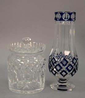 Two piece lot Waterford covered jar and crystal vase cobalt to clear. ht. 7" - 10"