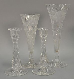 Four piece cut glass lot with pair of candlesticks and two vases. ht. 8" to 12"