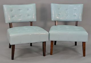 Pair of Crate & Barrel modern style leather upholstered chairs in Tiffany blue color.
