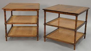 Pair of three tiered caned faux bamboo end tables, Madmen era, ht. 24", top: 24" x 24".
