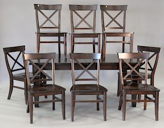 Crate & Barrel chocolate stained dining table with eight chairs and two leaves, ht. 30", wd. 42", lg. 72", 2 leaves 18" ea, total lg...