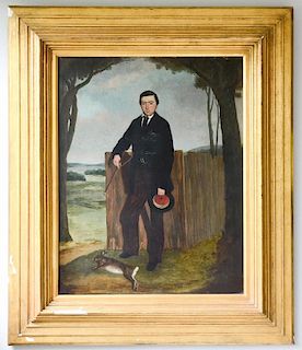 19th C Folk Art Oil Painting of Young Man