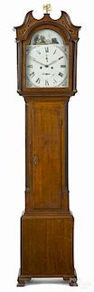 Scottish oak tall case clock, ca. 1800, having an eight-day movement with a painted dial