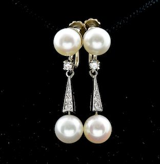 Ladies 14K Pearl & Diamond Earrings