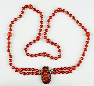 Chinese Carnelian & Gold Necklace