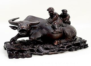 Chinese Carved Wood Water Buffalo w/Children