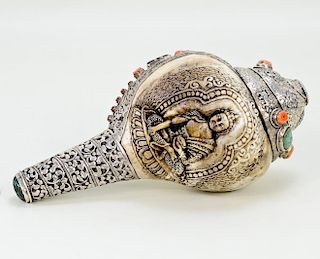 Silver mounted Buddhist Conch Shell Horn