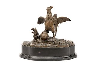 French Bronze Gallic Rooster with Orb Sculpture