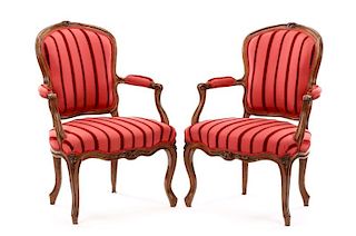 Pair of French Carved Elm Fauteuils, 19th C.