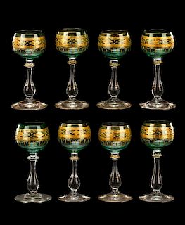 Set of 8 Green & Gilt Enamel Wine Glasses
