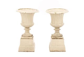 Pair Of Painted Ivory Cast Iron Garden Urns