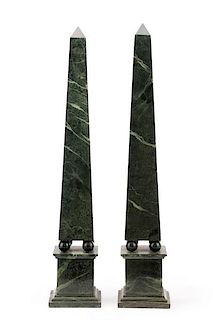 Pair of Faux Green Marble Obelisks, 20th C.