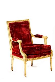Louis XVI Style Chenille Covered Fauteuil, Karges