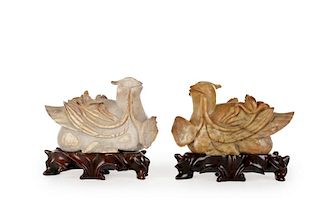 Pair, Carved Chinese Figural Stone Birds w/ Lotus
