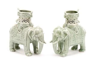 Pair, Chinese Celadon Glazed Elephants
