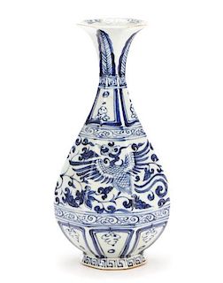19th/20th C. B&W Bottle Vase, Qilin & Phoenix