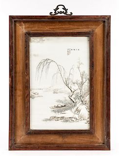 Chinese Porcelain Winter Riverscape Plaque, Marked