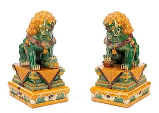 Pair of 34" Chinese Sancai Glazed Pottery Foo Dogs