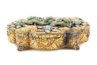 Ornate Chinese Gilt Dresser Box with Jade Mounts