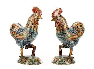 Pair of Chinese Cloisonne Lidded Roosters