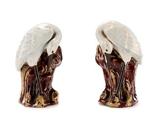 Pair of 19th C. Figural Crane Mirrored Spill Vases