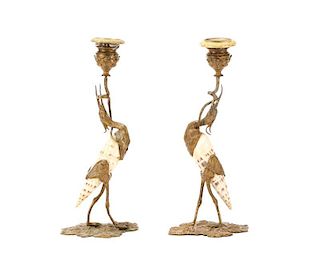 Pair of Gilt Bronze Mounted Crane Candlesticks