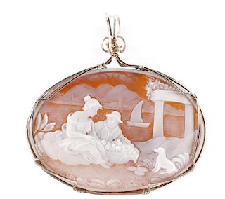 Large Shell Cameo Figural Necklace Pendant, SIgned