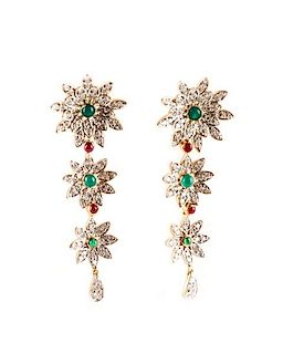 Pair of Diamond, Ruby, & Emerald Floral Earrings