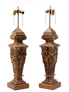 Pair of Large Carved Oak Neoclassical Table Lamps