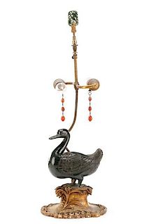 Chinese Spinach Jade Figural Duck Lamp