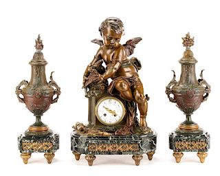 Figural Bronze Mantle Clock And Garniture Group