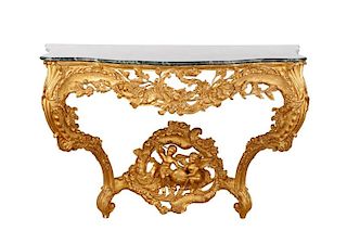 Rococo Style Giltwood Marble Top Console Table