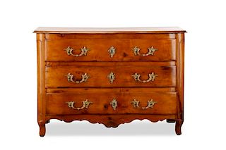 French Cherry 3 Drawer Serpentine Commode, 19th C