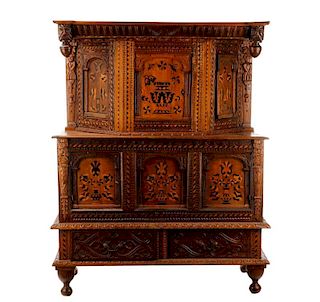 Jacobean Style Marquetry Inlaid Oak Court Cupboard