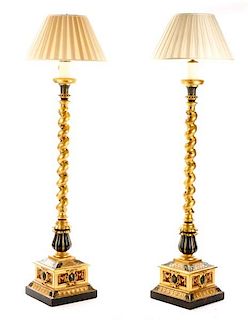 Pair of Baroque Style Parcel Gilt Wood Floor Lamps