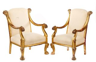 Pair of Baroque Style Giltwood Open Armchairs