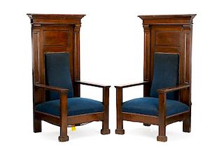 Pair, Monumental Stained Oak Throne Chairs