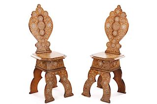 Pair of Moorish Style Inlaid Walnut Hall Chairs