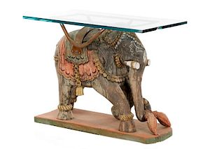 Carved and Polychromed Elephant Glass Top Table