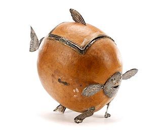 South American Carved Gourd & Metal Mounted Fish