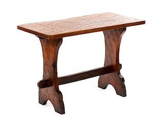 Rustic Stained Oak Trestle Table w/Carved Figure
