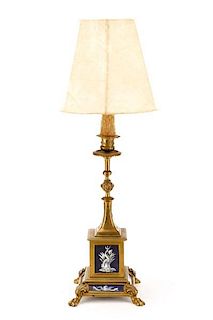 French Brass and Blue Enamel Table Lamp