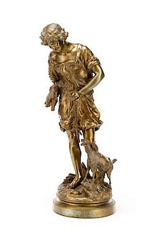 Cast Figural Sculpture, Shepherd with Wheat & Goat