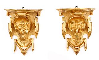 Pair Gilt Wood Wall Brackets With Simulated Marble